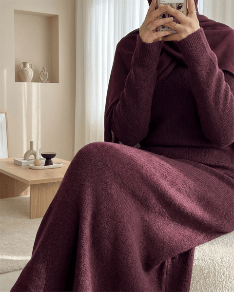 Bisiklet Yaka Beli Oturtmalı Yumoş Triko Elbise  -Mürdüm-Elbise-109-0959-R09