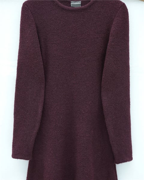 Bisiklet Yaka Beli Oturtmalı Yumoş Triko Elbise  -Mürdüm-Elbise-109-0959-R09