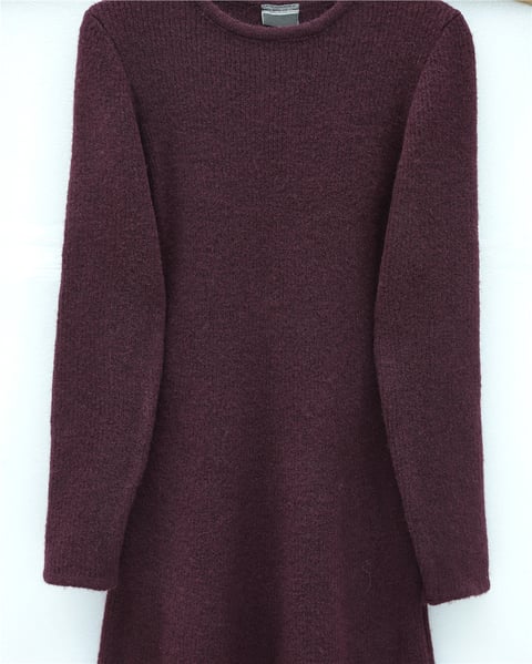 Elbise-Bisiklet Yaka Beli Oturtmalı Yumoş Triko Elbise  -Mürdüm-109-0959-R09