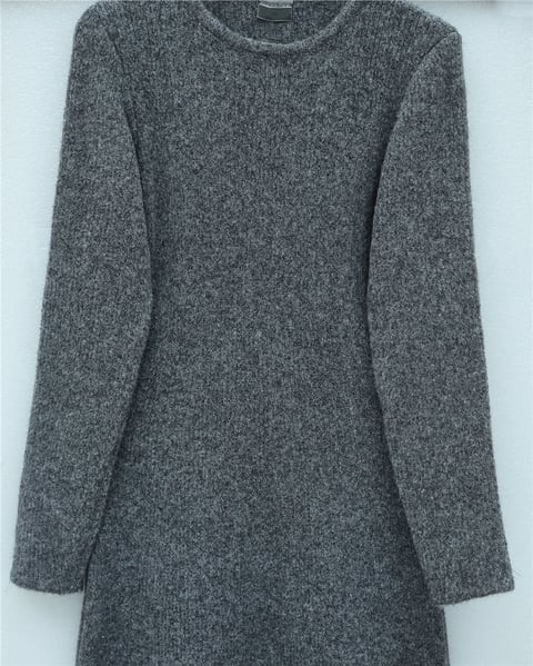 Elbise-Bisiklet Yaka Beli Oturtmalı Yumoş Triko Elbise -Füme-109-0959-R18