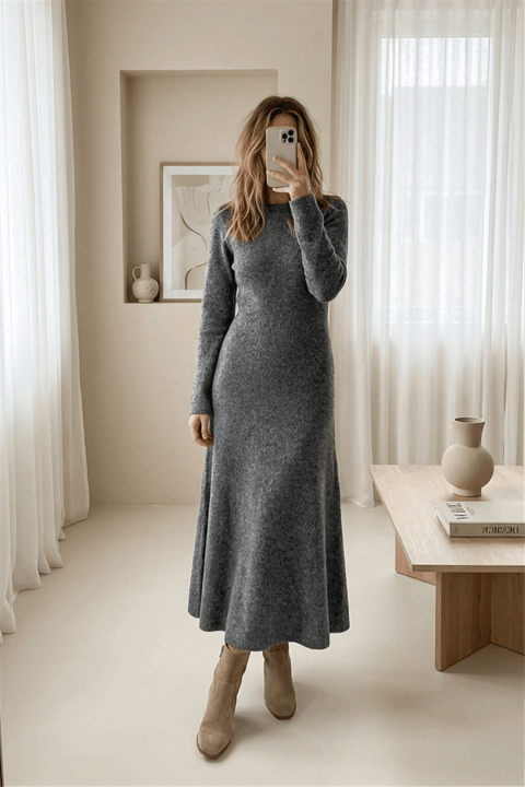 Bisiklet Yaka Beli Oturtmalı Yumoş Triko Elbise -Füme-Elbise-109-0959-R18