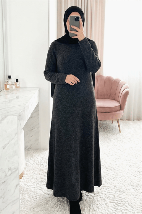 Bisiklet Yaka Beli Oturtmalı Yumoş Triko Elbise   -Siyah-Elbise-109-0959-R01