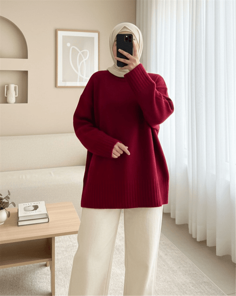 Bisiklet Yaka Eteği Fitilli Salaş Triko Kazak         -Kırmızı-Kazak-109-0822-R33
