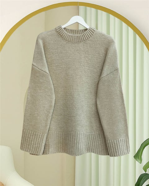 Bisiklet Yaka Eteği Fitilli Salaş Triko Kazak            -Bej-Kazak-109-0822-R56