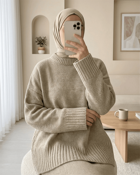 Bisiklet Yaka Eteği Fitilli Salaş Triko Kazak            -Bej-Kazak-109-0822-R56
