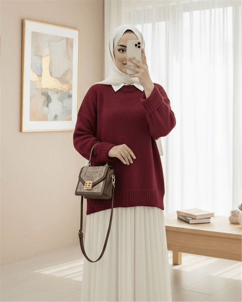 Bisiklet Yaka Eteği Fitilli Salaş Triko Kazak -Bordo-Kazak-109-0822-R04