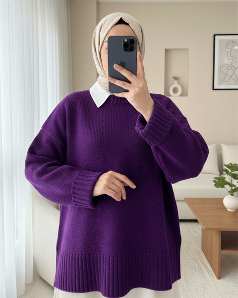 Bisiklet Yaka Eteği Fitilli Salaş Triko Kazak        -Mor-Kazak-109-0822-R34