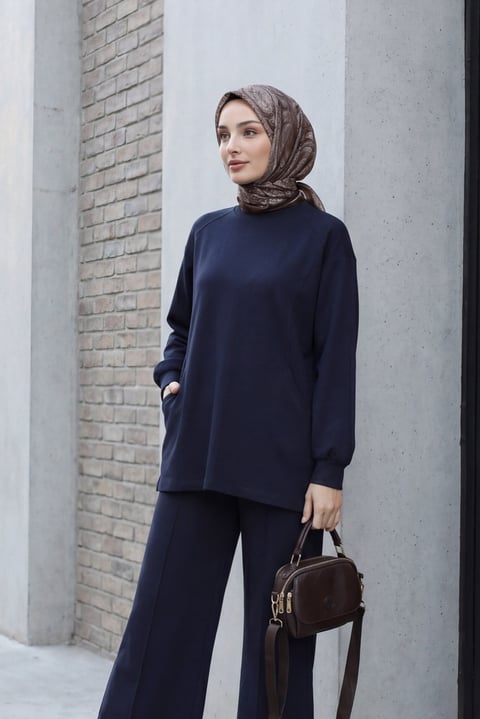 Bisiklet Yaka Oversize Cepli Pantolonlu Penye Takım -Lacivert