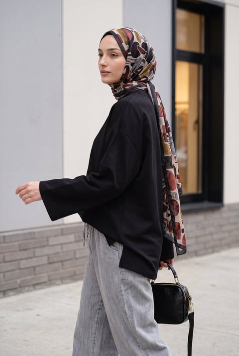 Bisiklet Yaka Uzun Kollu Oversize Penye Sweat -Siyah