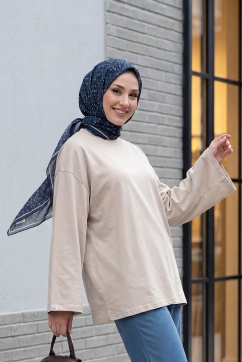 Bisiklet Yaka Uzun Kollu Oversize Penye Sweat -Taş rengi