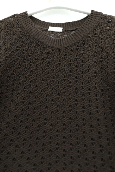 Bisiklet Yaka Yarasa Kol Ajurlu Triko Kazak -Koyu Kahverengi-Kazak-109-9211-R54