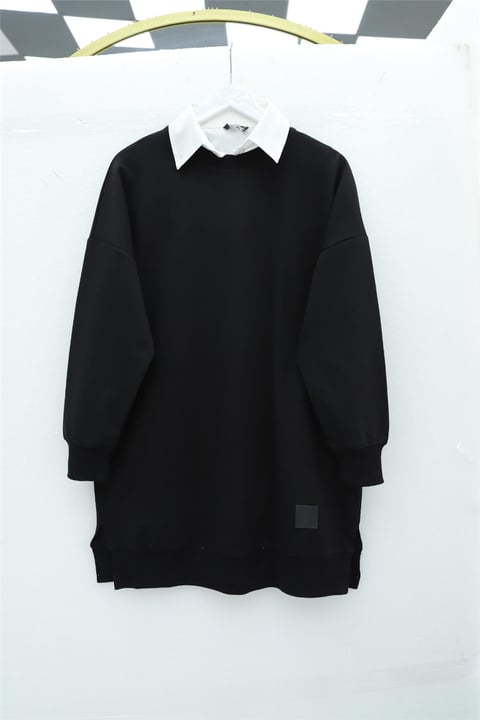 Bisiklet Yaka Yırtmaçlı Armalı Sweat -Siyah-Penye Sweatshirt-338-30644-R01