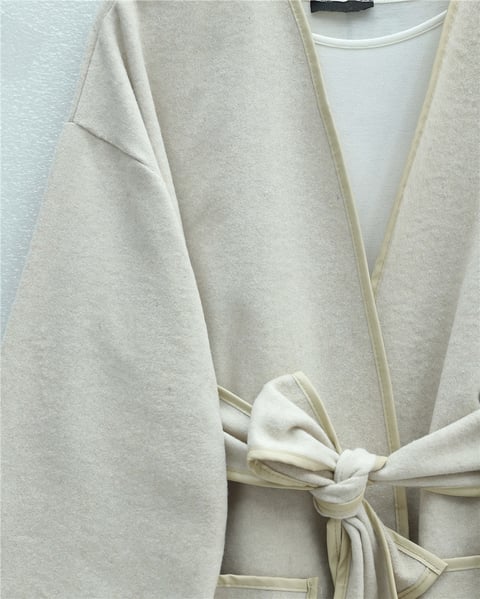 Biye Detaylı Çift Cepli Kuşaklı Kaşe Kimono -Bej-Kimono & Kaftan-253-13095-R56