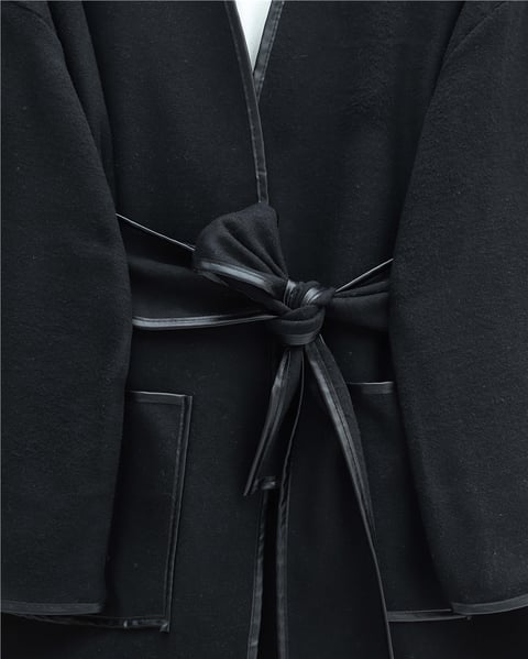 Biye Detaylı Çift Cepli Kuşaklı Kaşe Kimono -Siyah-Kimono & Kaftan-253-13095-R01