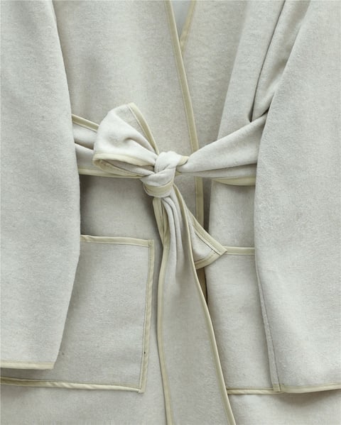 Biye Detaylı Çift Cepli Kuşaklı Kaşe Kimono -Bej-Kimono & Kaftan-253-13095-R56