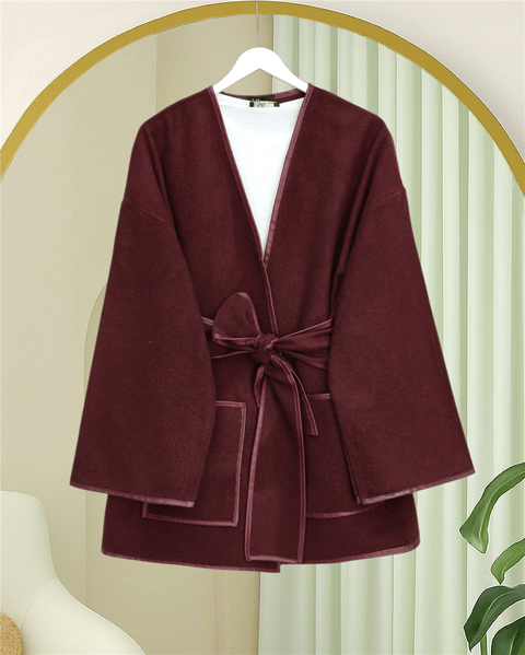 Biye Detaylı Çift Cepli Kuşaklı Kaşe Kimono -Bordo-Kimono & Kaftan-253-13095-R04