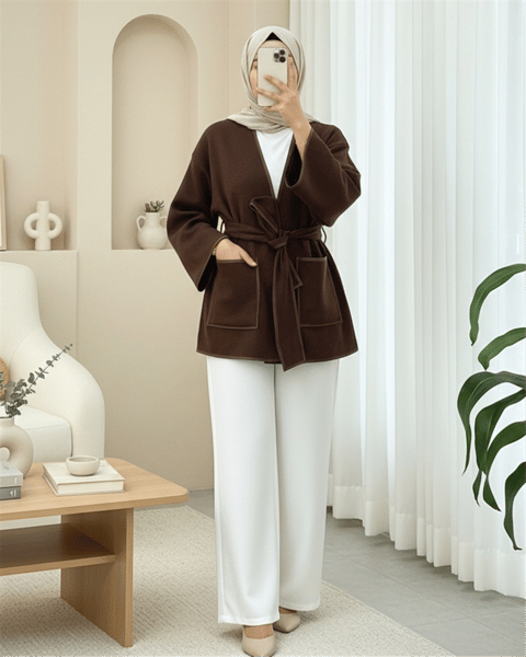 Kimono & Kaftan-Biye Detaylı Çift Cepli Kuşaklı Kaşe Kimono -Kahve-253-13095-R15