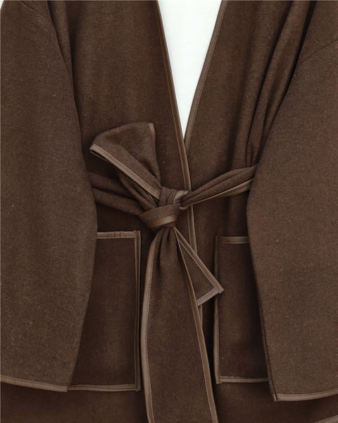 Biye Detaylı Çift Cepli Kuşaklı Kaşe Kimono -Kahve-Kimono & Kaftan-253-13095-R15