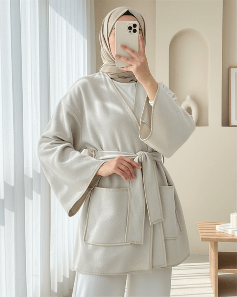 Biye Detaylı Çift Cepli Kuşaklı Kaşe Kimono -Bej-Kimono & Kaftan-253-13095-R56