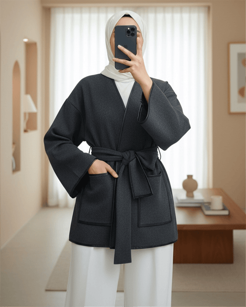 Biye Detaylı Çift Cepli Kuşaklı Kaşe Kimono -Füme-Kimono & Kaftan-253-13095-R18