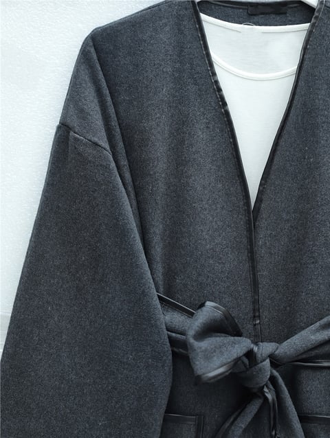 Biye Detaylı Çift Cepli Kuşaklı Kaşe Kimono -Füme-Kimono & Kaftan-253-13095-R18
