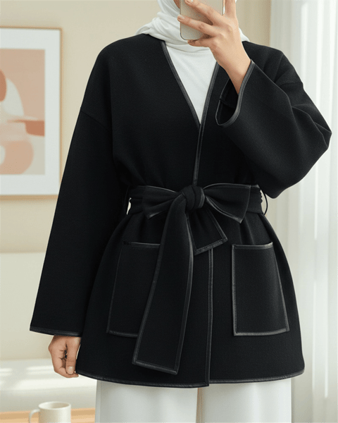 Biye Detaylı Çift Cepli Kuşaklı Kaşe Kimono -Siyah-Kimono & Kaftan-253-13095-R01