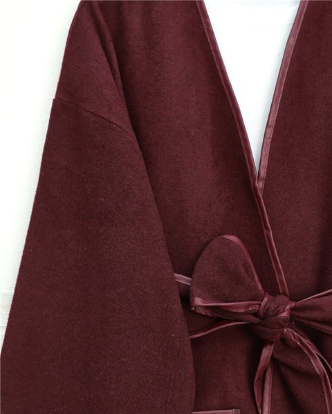 Biye Detaylı Çift Cepli Kuşaklı Kaşe Kimono -Bordo-Kimono & Kaftan-253-13095-R04