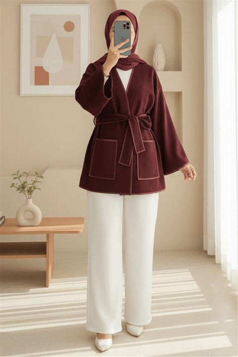 Biye Detaylı Çift Cepli Kuşaklı Kaşe Kimono -Bordo-Kimono & Kaftan-253-13095-R04