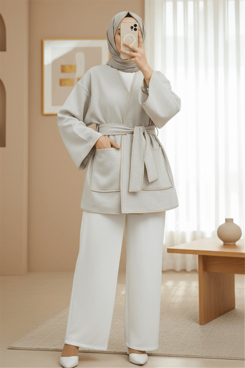 Biye Detaylı Çift Cepli Kuşaklı Kaşe Kimono -Bej-Kimono & Kaftan-253-13095-R56