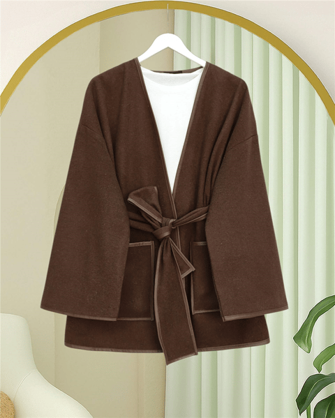 Biye Detaylı Çift Cepli Kuşaklı Kaşe Kimono -Kahve-Kimono & Kaftan-253-13095-R15