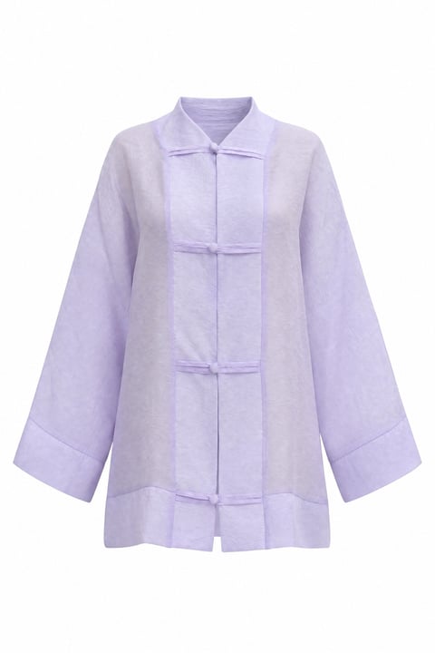 Biye Düğmeli V Yaka Organze Vual Oversize Kimono -Lila