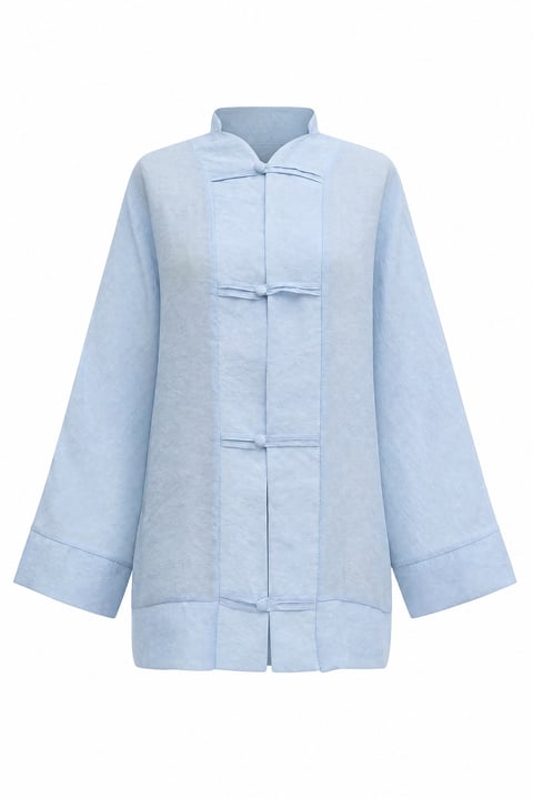 Biye Düğmeli V Yaka Organze Vual Oversize Kimono -Bebe Mavi