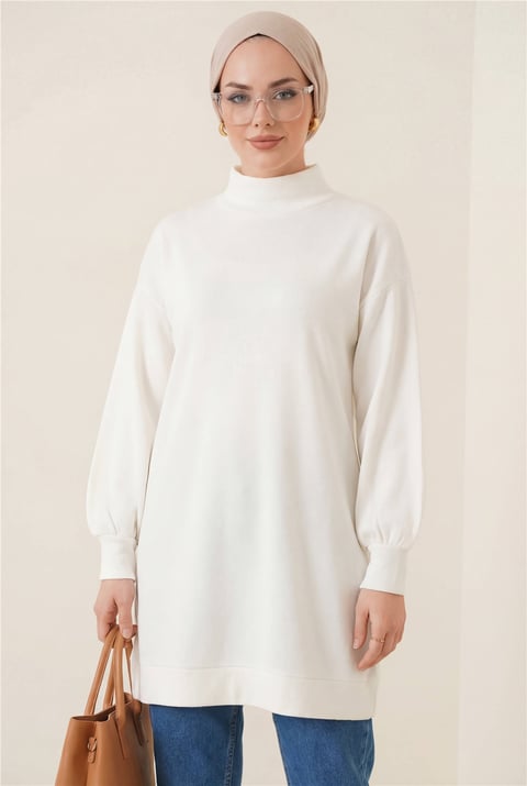 Boğazlı Üç İplik Sweat -Beyaz-Sweatshirt-104-2915-R02