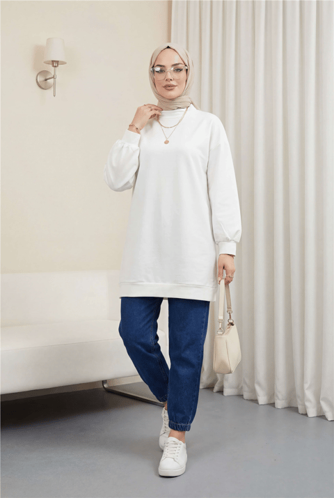 Boğazlı Üç İplik Sweat -Beyaz-Sweatshirt-104-2915-R02
