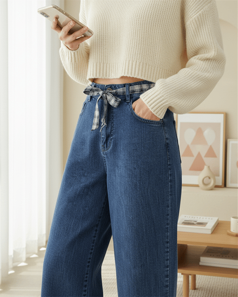 Bol Paça Beli Kuşaklı Fermuarlı Kot Pantolon -Koyu Mavi-Pantolon-417-13487-R26