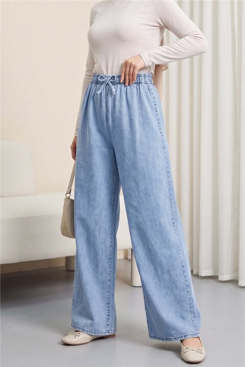 Bol Paça Beli Lastikli Bağcık Detaylı Kot Pantolon      -Buz Mavi-Kot Pantolon-136-10012-R37