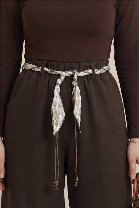 Bol Paça Beli Lastikli Kemerli Cepli Keten Pantolon  -Kahve-Pantolon-306-0045-R15