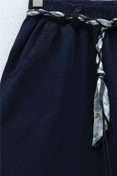 Bol Paça Beli Lastikli Kemerli Cepli Keten Pantolon  -Laci-Pantolon-306-0045-R03