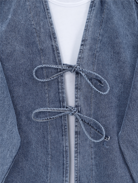 Bol Paça Pantolonlu Önü Bağlamalı Kot Kimono Takım -Buz Mavi-Takım-414-5520-R37
