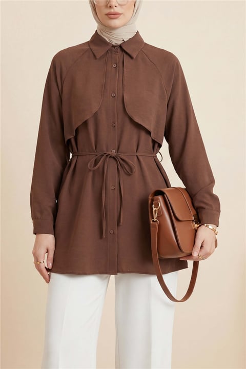 Bolero Detaylı Bağcıklı Poplin Tunik -Kahve-Tunik-120-1638-R15