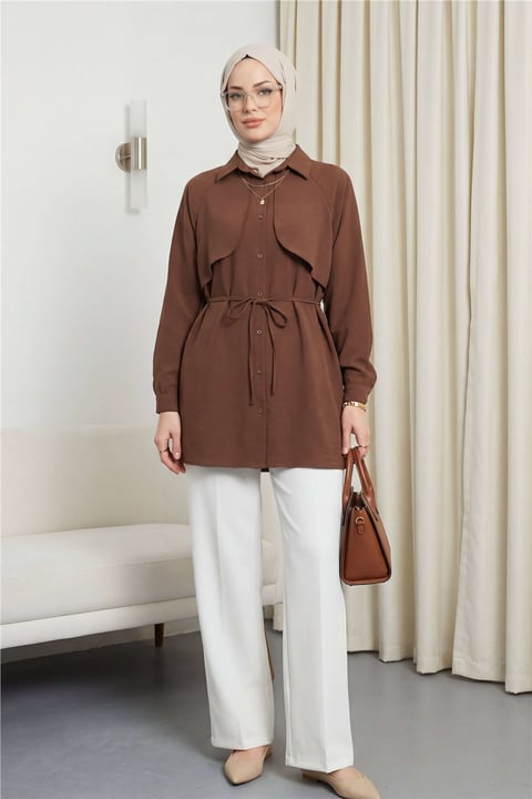 Bolero Detaylı Bağcıklı Poplin Tunik -Kahve-Tunik-120-1638-R15