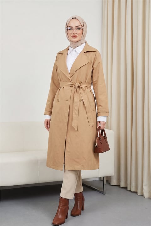 Bolero Detaylı Kemerli Araboy Trençkot -Vizon-Trençkot-346-3019-R23