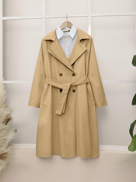 Bolero Detaylı Kemerli Araboy Trençkot -Vizon-Trençkot-346-3019-R23