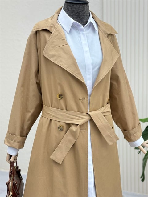 Bolero Detaylı Kemerli Araboy Trençkot -Vizon-Trençkot-346-3019-R23