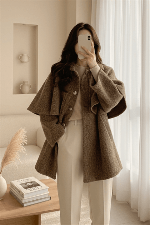 Bolerolu Beli Kemerli Düğmeli Kaşe Kap  -Açık Kahve-Trençkot-223-3067-R76