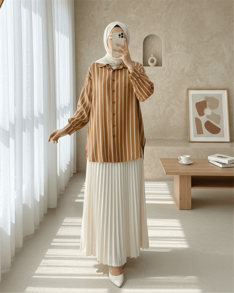 Boydan Düğmeli Arkası Uzun Çizgili Gömlek -Tarçın-Gömlek-347-10045-R45