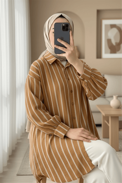 Boydan Düğmeli Arkası Uzun Çizgili Gömlek -Tarçın-Gömlek-347-10045-R45