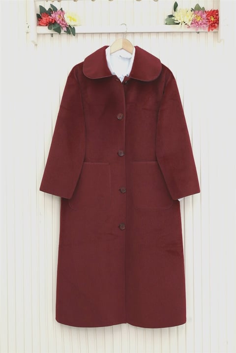 Boydan Düğmeli Cepli Kaban  -Bordo-Kaban-111-50686-R04