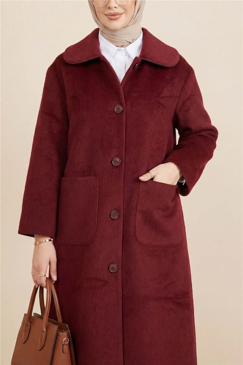 Boydan Düğmeli Cepli Kaban  -Bordo-Kaban-111-50686-R04