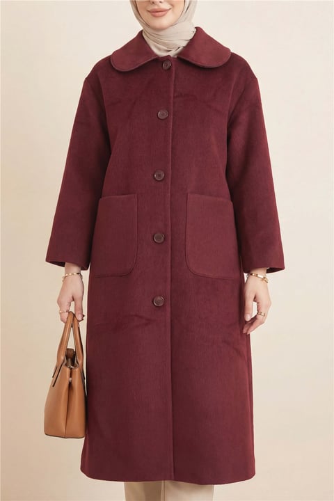Boydan Düğmeli Cepli Kaban  -Bordo-Kaban-111-50686-R04